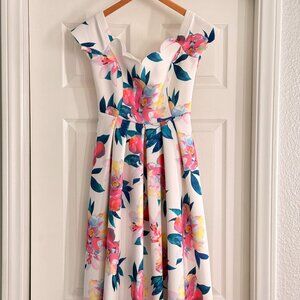ASOS White + Floral Scallop Off The Shoulder Scuba Multicolor Pattern Dress US 2